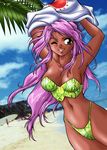  beach bikini copyright_request dark_skin day green_eyes highleg highleg_bikini long_hair manabe_jouji one_eye_closed purple_hair swimsuit 