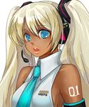  1girl alternate_color bare_shoulders blonde_hair blue_eyes breasts commentary_request cosplay dark-skinned_female dark_skin detached_sleeves ganguro grey_hair gunslinger_girl hatsune_miku hatsune_miku_(cosplay) headphones koaki long_hair medium_breasts necktie open_mouth sideboob solo tan tattoo triela twintails vocaloid 