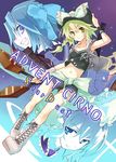  advent_cirno alice_margatroid blonde_hair blue_eyes blue_hair boots bow braid brown_eyes cirno cover cover_page cross-laced_footwear doujin_cover grin hair_bow hat jacket kirisame_marisa midriff multiple_girls short_hair short_shorts shorts side_braid sleeveless smile star tank_top touhou ushiki_yoshitaka witch_hat wristband 