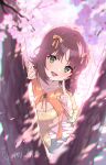  1girl :d amami_haruka blunt_bangs blurry bright_background brown_hair cherry_blossoms collarbone dappled_sunlight day depth_of_field dot_nose eyelashes falling_petals flipped_hair green_eyes hair_ribbon highres idolmaster idolmaster_(classic) idolmaster_million_live! idolmaster_million_live!_theater_days index_finger_raised light_blush medium_hair midnamana orange_ribbon orange_shrug outdoors petals ribbon scrunchie shirt shrug_(clothing) sidelocks signature smile solo spring_(season) sunlight tree wrist_scrunchie yellow_shirt 