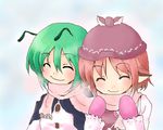  antennae artist_request closed_eyes friends green_hair happy lowres multiple_girls mystia_lorelei oekaki red_hair scarf shared_scarf smile touhou winter wriggle_nightbug 