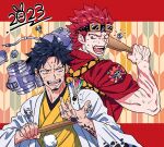  2023 2boys arm_tattoo black_hair commentary_request earrings eustass_kid facial_hair fang finger_tattoo gears goatee goggles goggles_on_head gold_earrings hagoita hand_tattoo hand_up hane_(hanetsuki) haori haori_himo holding holding_paddle japanese_clothes jewelry kimono male_focus mechanical_arms multiple_boys one_piece open_clothes open_mouth paddle red_background red_eyes red_hair red_kimono red_lips screw short_hair sideburns single_mechanical_arm spiked_hair sweat tasuki tattoo teeth trafalgar_law v-shaped_eyebrows veins veiny_arms white_haori yagasuri yakumo_(ykm) yellow_eyes yellow_kimono 