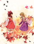  ascot autumn_leaves barefoot blue_skirt bow brown_hair cis_(carcharias) closed_eyes closed_mouth cravat detached_sleeves frilled_skirt frills frog_hair_ornament full_body green_hair hair_bow hair_ornament hair_tubes hakurei_reimu hand_on_hip kochiya_sanae leaf leaf_background maple_leaf multiple_girls profile red_bow red_ribbon red_skirt ribbon ribbon-trimmed_sleeves ribbon_trim short_hair skirt snake_hair_ornament touhou white_sleeves wide_sleeves yellow_neckwear 