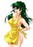  apron breasts copyright_request covered_nipples green_eyes green_hair large_breasts manabe_jouji naked_apron smile solo 
