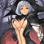  areolae bikini blue_hair breasts cape cleavage copyright_request large_breasts micro_bikini midriff nagi_ryou nipples solo swimsuit witch 