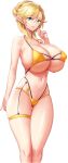  1girl absurdres akagi_rio arm_at_side arm_up ass_visible_through_thighs bikini blonde_hair blue_eyes breasts cleavage closed_mouth covered_nipples cross-laced_bikini cross-laced_clothes elf folded_ponytail game_cg garter_straps highres huge_breasts layered_bikini long_hair long_pointy_ears looking_at_viewer milk_factory motto!_haramase!_honoo_no_oppai_isekai_oppai_maid_gakuen! navel non-web_source nunnun_lafleur pointy_ears single_garter_strap skindentation solo swimsuit thigh_strap thong_bikini yellow_bikini 