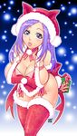  animal_ears breasts cat_ears christmas cleavage copyright_request huge_breasts kenix no_pussy purple_hair santa_costume sideboob solo thighhighs 