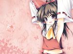  armpits arms_up ascot bow breasts brown_hair detached_sleeves frills hair_bow hair_tubes hakurei_reimu short_hair sideboob small_breasts solo tateha_(marvelous_grace) touhou upper_body wallpaper 