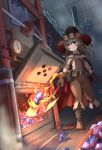  1girl belt_pouch chain closed_mouth crystal engineer gauge gloves goggles goggles_on_headwear grate green_hair hat highres holding holding_shovel indoors industrial_pipe long_hair original overalls pouch pulley purple_eyes shikutsune_fox shovel sleeves_rolled_up smile solo wizard wizard_hat 