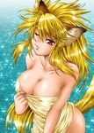  animal_ears blonde_hair breasts cat_ears cleavage copyright_request large_breasts long_hair manabe_jouji nail_polish naked_towel one_eye_closed pink_nails red_eyes solo tail towel very_long_hair water 