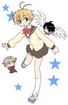  2boys ahoge chibi dilandau_albatou kanzaki_hitomi multiple_boys school_uniform short_hair star tamaoka_kagari tenkuu_no_escaflowne van_fanel wings 