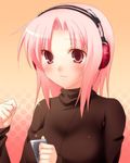  47agdragon beige_background blush cable digital_media_player headphones long_sleeves looking_at_viewer original pink_hair red_eyes short_hair simple_background solo upper_body 