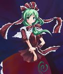  blush bow breasts collar cowboy_shot dress frilled_shirt_collar frills front_ponytail green_eyes green_hair hair_bow kagiyama_hina koto looking_at_viewer lowres medium_breasts red_bow red_dress shawl short_hair solo touhou wrist_cuffs 