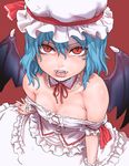  aqua_hair asanagi bare_shoulders bat_wings blue_hair breasts choker cleavage downblouse dress face fangs from_above hat looking_up red_eyes remilia_scarlet short_hair slit_pupils small_breasts solo touhou vampire wings 