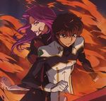  1girl angry bodysuit code_geass cornelia_li_britannia fire gloves kururugi_suzaku official_art pilot_suit purple_eyes purple_hair sakamoto_shuuji uniform white_bodysuit 