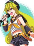  aqua_background belt blonde_hair cosplay curly_hair fang hat johnny_funamushi kagamine_rin kagamine_rin_(cosplay) long_hair marivel_armitage microphone midriff music pink_eyes pointy_ears singing solo vocaloid wild_arms wild_arms_2 