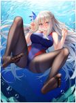  1girl absurdres blue_background blue_eyes blue_one-piece_swimsuit blush breasts brown_pantyhose cang_se_ye_hua cleavage collarbone covered_nipples double_v eyelashes feet flower full_body gradient_background grey_hair hair_flower hair_ornament hands_up highres impossible_clothes impossible_swimsuit large_breasts legs lexington_(warship_girls_r) licking_lips long_hair looking_at_viewer no_shoes one-piece_swimsuit pantyhose pantyhose_under_swimsuit red_one-piece_swimsuit smile soles solo swimsuit thighband_pantyhose thighs toe_seam toenails toes tongue tongue_out two-tone_swimsuit underwater v very_long_hair warship_girls_r 