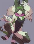 4_fingers barefoot blush bodily_fluids breasts bunny_costume closed_smile clothing costume feet female fingers fur generation_9_pokemon green_body green_fur hi_res looking_at_viewer mcfli meowscarada mouth_closed nintendo pokemon pokemon_(species) pupils red_eyes simple_background slit_pupils small_breasts smile solo sweat