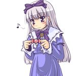  3.1-tan blue_dress candy collar dd_(ijigendd) dress eighth_note food holding humming long_hair musical_note os-tan silver_hair simple_background solo sweets upper_body white_background 