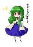  chibi detached_sleeves frog_hair_ornament green_hair hair_ornament hair_tubes kochiya_sanae long_hair simple_background snake_hair_ornament solo star star-shaped_pupils symbol-shaped_pupils tao_(kadoya) touhou 