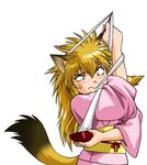  animal_ears cat_ears copyright_request eating japanese_clothes kimono manabe_jouji solo tail 