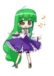  beamed_sixteenth_notes chibi dancing eighth_note green_eyes green_hair hair_ornament kochiya_sanae long_hair musical_note no_nose open_mouth quarter_note simple_background solo tao_(kadoya) touhou white_background 
