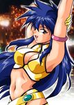  armlet arms_up blue_hair breasts cleavage cleavage_cutout cowboy_shot dirty_pair gloves large_breasts long_hair manabe_jouji navel open_mouth photo_background purple_eyes solo yellow_gloves yuri_(dirty_pair) 