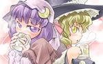  blonde_hair coffee_mug cup drinking hat kirisame_marisa long_sleeves looking_at_viewer lowres mug multiple_girls nyagakiya patchouli_knowledge purple_eyes purple_hair steam touhou upper_body witch_hat yellow_eyes 