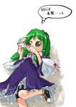  chibi converse detached_sleeves handheld_game_console kochiya_sanae nintendo_ds playing_games shoes sneakers solo tao_(kadoya) touhou translated video_game 