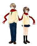  1girl brown_eyes brown_hair couple fujii_chifumi hetero miniskirt original red_scarf scarf school_uniform shared_scarf short_hair skirt sweater 