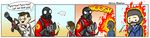  :3 balaclava black_gloves blue_neckwear english fire flamethrower formal gas_mask glasses gloves hero's_shadow left-to-right_manga medi_gun multiple_boys necktie nyoro~n parody suit team_fortress_2 the_medic the_pyro the_spy weapon 