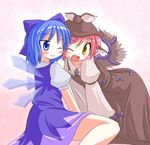  ;d animal_ears bird_ears bird_wings blue_bow blue_dress blue_eyes blue_hair blush bow brown_dress brown_hat cheek-to-cheek cirno des dress eyebrows_visible_through_hair hair_bow hat ice ice_wings juliet_sleeves long_sleeves multiple_girls mystia_lorelei one_eye_closed open_mouth pink_hair puffy_short_sleeves puffy_sleeves short_hair short_sleeves smile touhou tsurime white_collar winged_hat wings yellow_eyes 