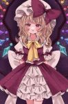  1girl :p arms_behind_back blonde_hair commentary_request cowboy_shot crystal dark_background dress duplicate embellished_costume flandre_scarlet hat heart heart-shaped_pupils highres jaku_sono light_particles long_hair looking_at_viewer mob_cap pixel-perfect_duplicate pointy_ears red_dress red_eyes simple_background solo symbol-shaped_pupils tongue tongue_out touhou wings 