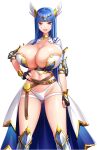  1girl :d absurdres akagi_rio arm_at_side armor armored_boots armored_dress ass_visible_through_thighs belt bikini_armor black_gloves blue_hair blunt_bangs boots breasts brynhildr_valhanna cleavage collar couter dress fingerless_gloves game_cg gloves gold_trim hair_ornament hand_on_own_hip head_ornament highres hime_cut huge_breasts long_hair looking_at_viewer metal_collar milk_factory motto!_haramase!_honoo_no_oppai_isekai_oppai_maid_gakuen! multiple_belts navel non-web_source official_art open_mouth panties pink_eyes revealing_clothes shoulder_armor showgirl_skirt skindentation smile solo transparent_background underwear valkyrie vambraces warrior white_panties wing_hair_ornament 