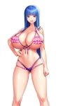  1girl :d absurdres akagi_rio arm_at_side ass_visible_through_thighs bikini blue_hair blunt_bangs bow breasts brynhildr_valhanna cleavage frilled_bikini frills front-tie_bikini_top front-tie_top game_cg hand_on_own_hip highres hime_cut huge_breasts long_hair looking_at_viewer micro_bikini milk_factory motto!_haramase!_honoo_no_oppai_isekai_oppai_maid_gakuen! non-web_source official_art open_mouth pink_bikini pink_bow pink_eyes purple_bikini smile solo swimsuit transparent_background 