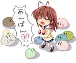  antenna_hair blazer brown_hair chibi clannad closed_eyes creature dango_daikazoku elder_dango full_body furukawa_nagisa hikarizaka_private_high_school_uniform jacket miniskirt nanamiso pleated_skirt school_uniform simple_background skirt solo standing translated white_background 