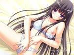  amane_sou bed black_hair blush bra breasts game_cg kusanagi_yukino lingerie long_hair lying nipple_slip nipples panties pastel purple_eyes small_breasts solo strap_slip underwear underwear_only wet white_panties yuki_usagi 