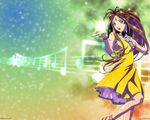  90s aa_megami-sama artist_request beamed_eighth_notes belldandy blue_eyes bracelet brown_hair dress facial_mark forehead_mark jewelry long_hair microphone musical_note ponytail ring solo staff_(music) treble_clef wallpaper 