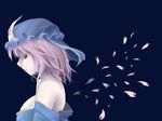  bare_shoulders breasts expressionless hat hirase_yuu large_breasts petals pink_hair profile red_eyes saigyouji_yuyuko short_hair simple_background solo touhou 