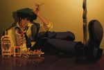  alcohol artist_request cigarette cowboy_bebop feet_on_table green_hair male_focus solo spike_spiegel 