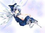  blue_dress blue_eyes cirno crystal dress flying full_body ice ice_wings looking_at_viewer puffy_short_sleeves puffy_sleeves sho_(runatic_moon) short_sleeves silver_hair socks solo source_request touhou white_legwear wings 
