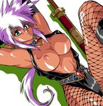  breasts copyright_request dark_skin fishnet_pantyhose fishnets large_breasts manabe_jouji pantyhose purple_hair solo 