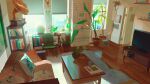  absurdres book bookshelf chair coffee_table couch cup curtains door highres indoors interior living_room no_humans original paper phonograph photo_(object) picture_frame pillow plant poster_(object) potted_plant scenery shelf sunlight table television vase window wooden_floor yingshiart 