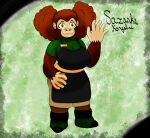 absurd_res afro_puffs ape apron baker big_hands black_apron black_clothing brown_body brown_fur chef clothed clothing container english_description english_text female footwear fur gesture gorilla green_clothing green_eyes green_footwear green_shirt green_shoes green_topwear hair haplorhine hi_res holding_container holding_object mammal name_tag primate red_hair shaded shirt shoes simple_background simple_shading sinisterslyfox smile smiling_at_viewer soft_shading standing text topwear waving waving_at_viewer waving_hand