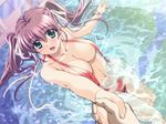  1girl breasts brown_hair game_cg green_eyes hair_ribbon hetero holding_hands large_breasts morita_kazuaki ribbon slingshot_swimsuit solo_focus splashing swimsuit twintails water yagami_yuu yakin_byoutou yakin_byoutou_san 