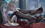  1girl absurdres animal_ears aqua_leotard asuna_(blue_archive) asuna_(bunny)_(blue_archive) black_pantyhose blue_archive blue_bow blue_bowtie blue_eyes blue_halo blue_leotard blue_ribbon bow bowtie breasts cang_se_ye_hua dorsiflexion fake_animal_ears feet feet_on_table foot_focus gloves hair_over_one_eye halo high_heels highres large_variant_set legs leotard long_hair looking_at_viewer no_shoes pantyhose playboy_bunny rabbit_ears ribbon shoes smell smile soles steaming_body stiletto_heels strapless strapless_leotard table thighband_pantyhose toe_seam toes unworn_shoes variant_set white_gloves 