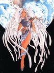  90s aa_megami-sama bracelet dark_skin earth facial_mark floating_hair forehead_mark fujishima_kousuke jewelry long_hair solo space urd white_hair wings 