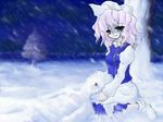  corpse hat kneeling letty_whiterock pale_skin purple_hair snow snowing solo touhou ugatsu_matsuki 
