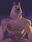 abs anthro black_nose breath canid canine canis domestic_dog fur genitals german_shepherd herding_dog hi_res humanoid_genitalia kemono looking_at_another looking_at_viewer male mammal multicolored_body multicolored_fur muscular muscular_anthro muscular_male nagick_18 nude nude_anthro nude_male pastoral_dog pecs penis shaded shadow smile smiling_at_another smiling_at_partner smiling_at_viewer solo tan_body tan_fur tattoo tongue tongue_out two_tone_body two_tone_fur vein veiny_penis