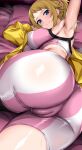  1girl arm_up armpits ass bike_shorts blue_eyes blush breasts brown_hair camel covered_anus covered_nipples furrowed_brow gundam gundam_build_fighters gundam_build_fighters_try hair_ornament hair_scrunchie hoshino_fumina jacket large_breasts long_hair looking_at_viewer lying median_furrow nirowata on_bed on_side pink_sports_bra ponytail scrunchie smile solo sports_bra steaming_body sweat thick_thighs thighs toned toned_female two-tone_shorts two-tone_sports_bra yellow_jacket 